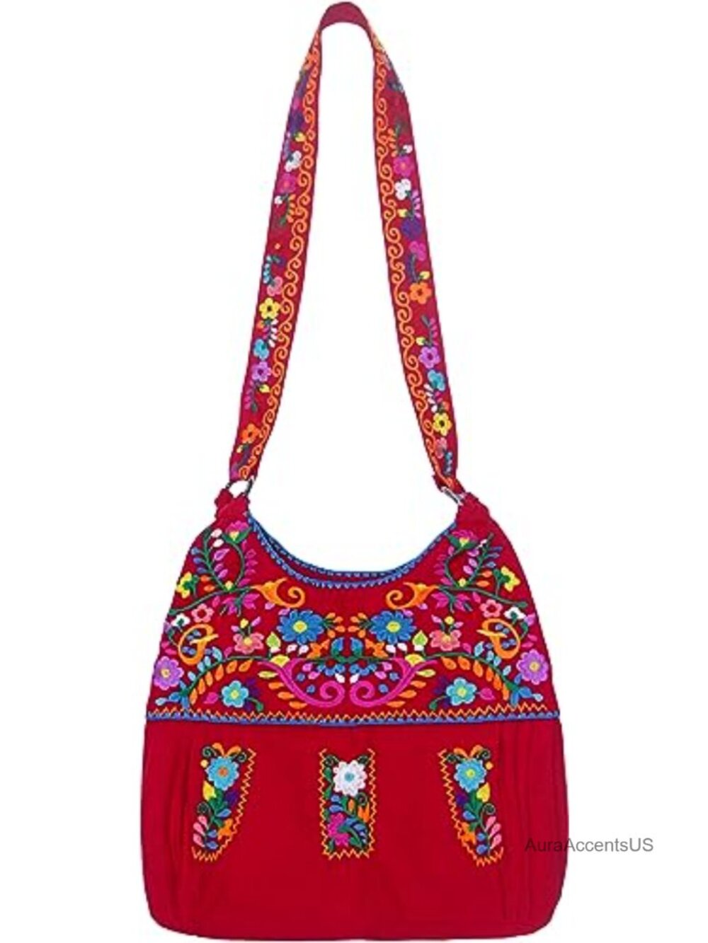 Mexican Embroidered Floral Cotton Satchel Tote Handbag Detachable Strap
